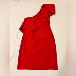 Halston red one shoulder cocktail dress